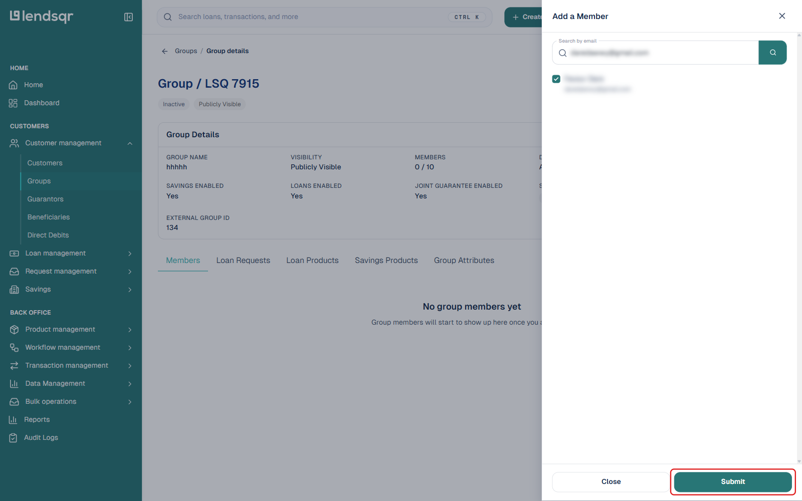 Add a Member panel with one customer selected and the Submit button boxed, customer details redacted