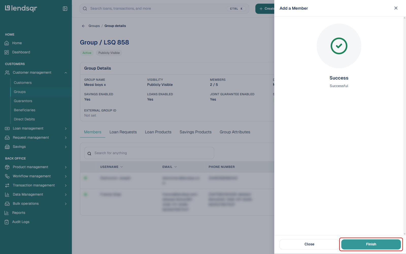 Add a Member success confirmation with the Finish button boxed, member list redacted in the background