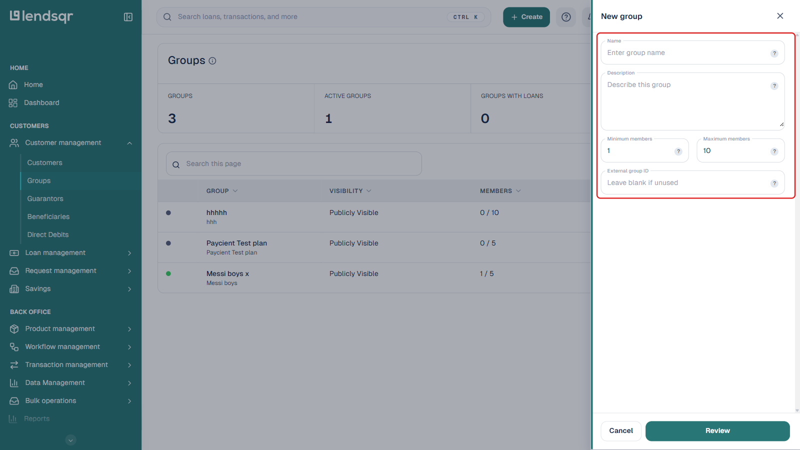 New group side panel with the Name, Description, Minimum members, Maximum members, and External group ID fields boxed