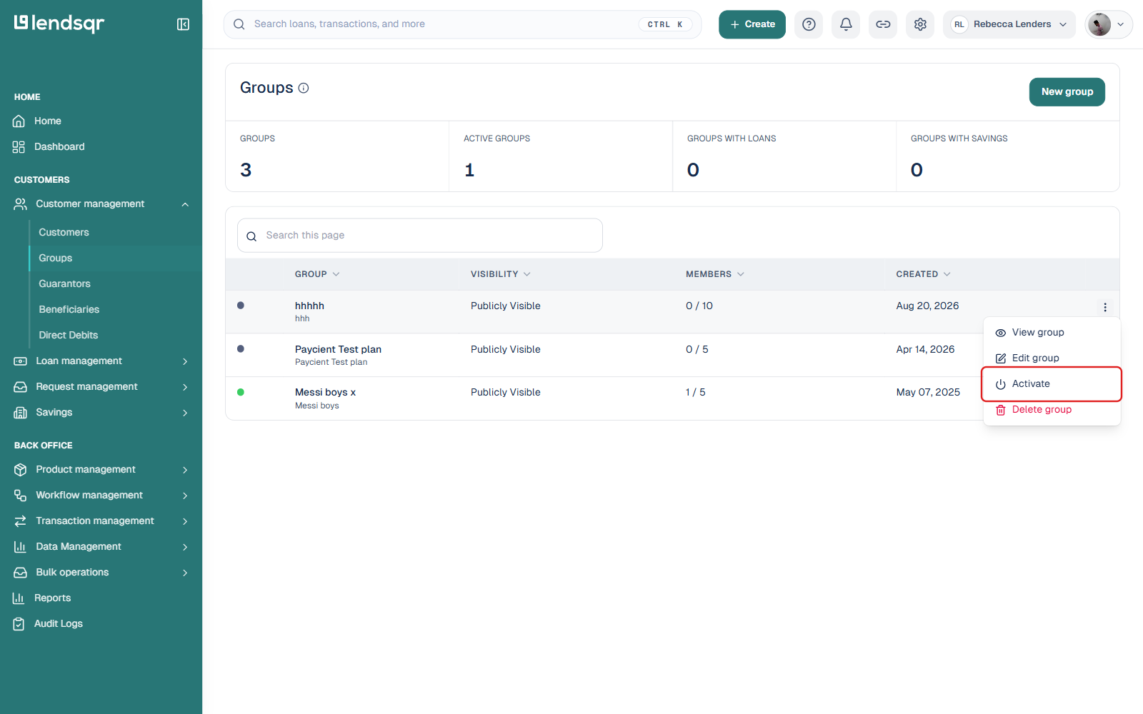 Groups list showing the group options menu with Activate boxed for an inactive group