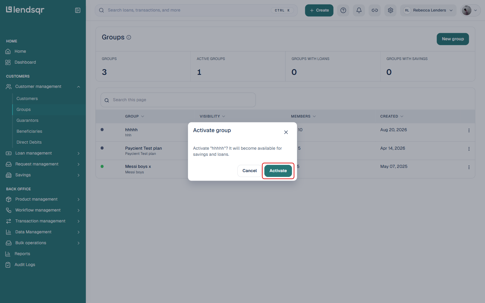 Activate group confirmation dialog with the Activate button boxed
