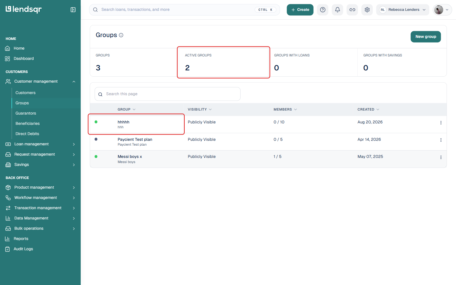 Groups list showing the group's status dot turned green and the Active Groups count boxed after activation