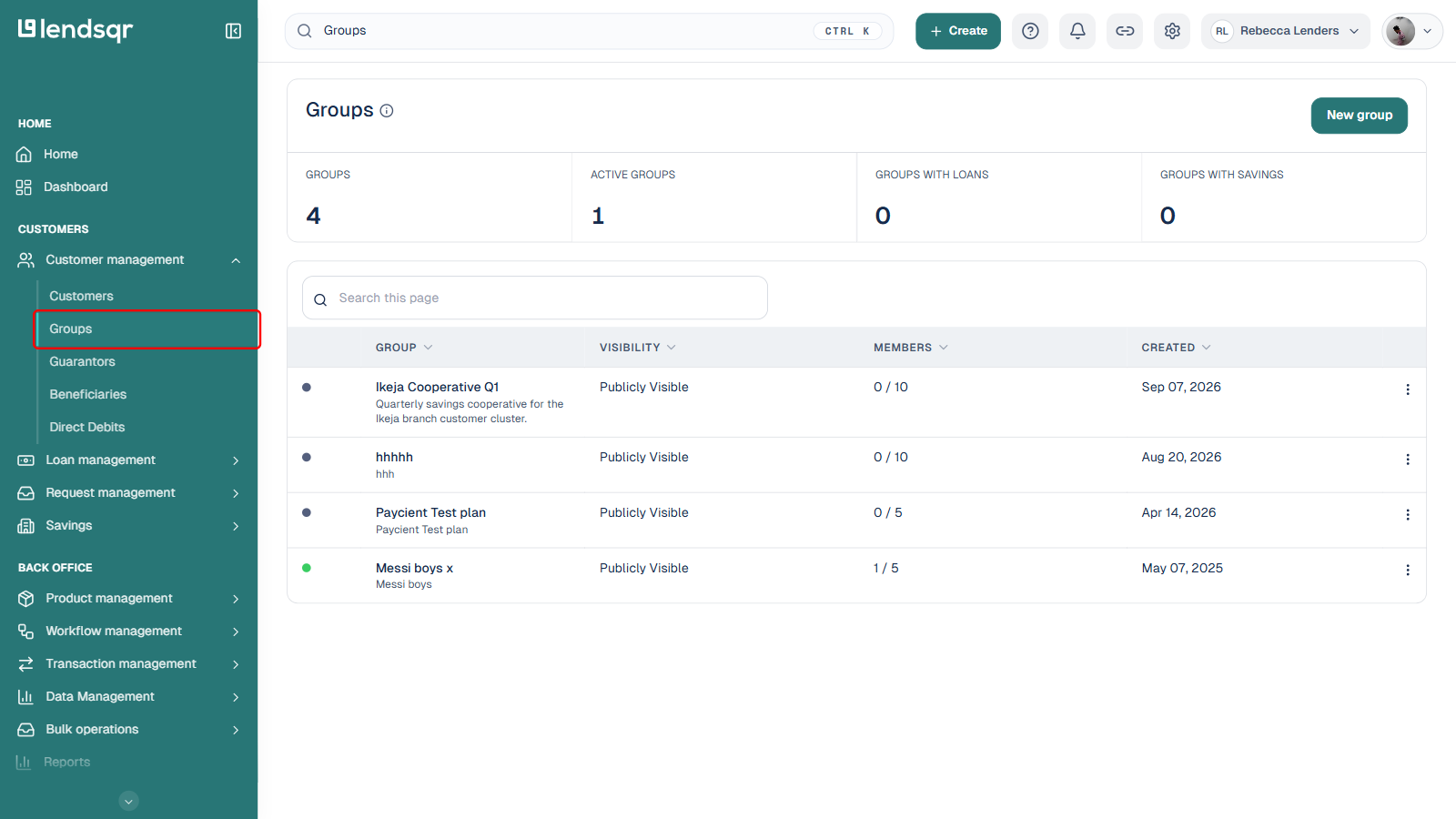 Customer management sidebar menu with Groups boxed in red, leading to the Groups list page