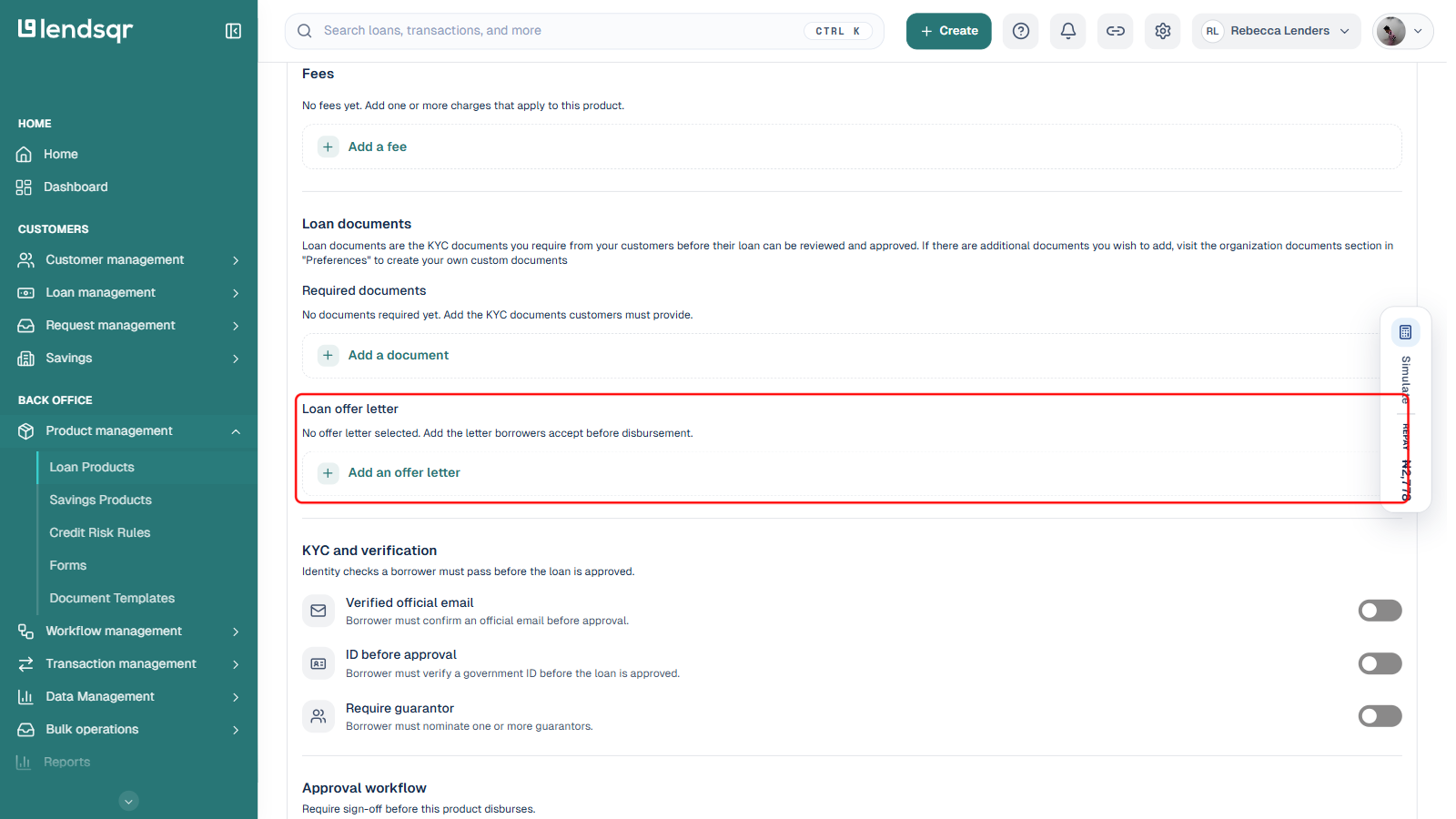 Loan offer letter sub-section within Loan documents on the loan product edit page, showing the Add an offer letter button