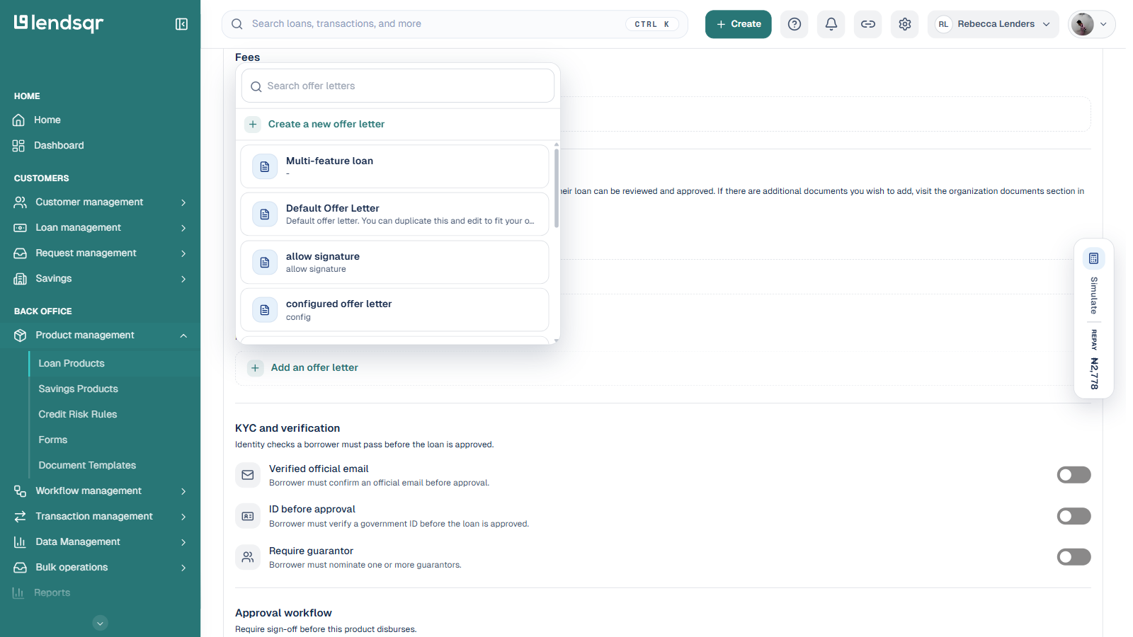 Offer letter search picker showing Create a new offer letter action and a list of existing templates