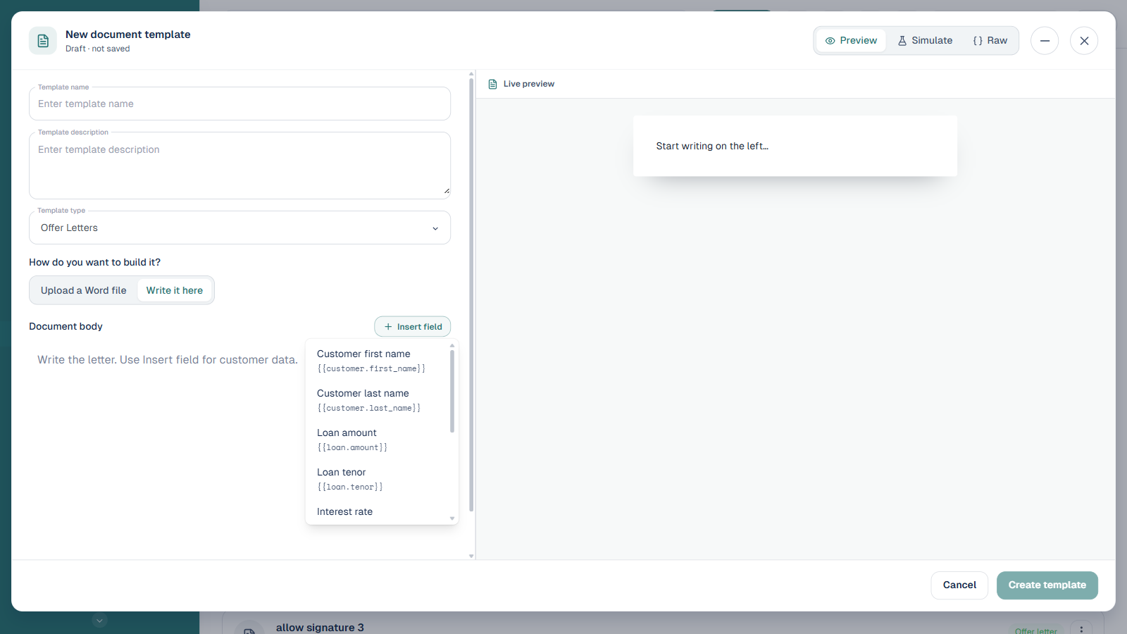 The Insert field menu open in the Write it here editor, listing merge fields such as Customer first name and Loan amount with their double curly brace tokens