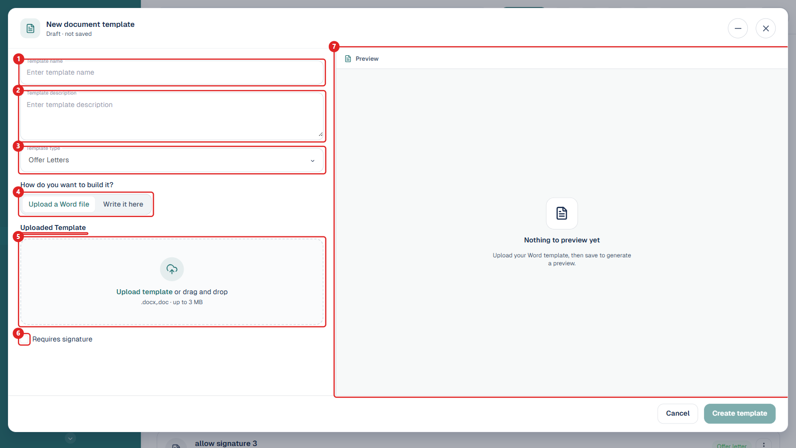 New document template modal in Upload a Word file mode, numbered 1 to 7: Template name, Template description, Template type, build mode toggle, Uploaded Template dropzone, Requires signature checkbox, Preview pane