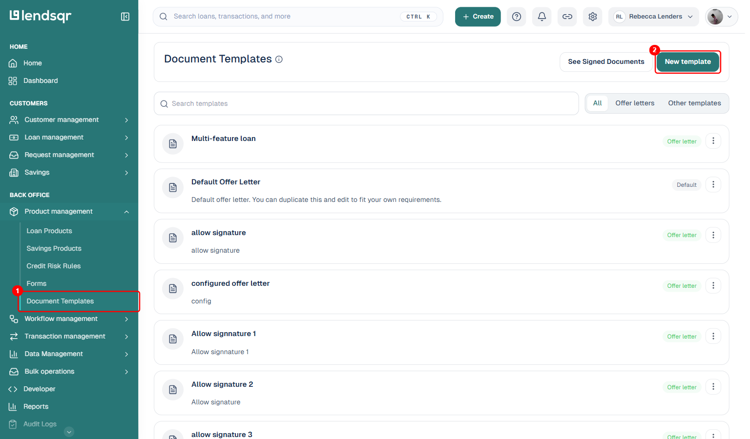 Document Templates page: box 1 on the Document Templates item under Product management in the sidebar, box 2 on the New template button
