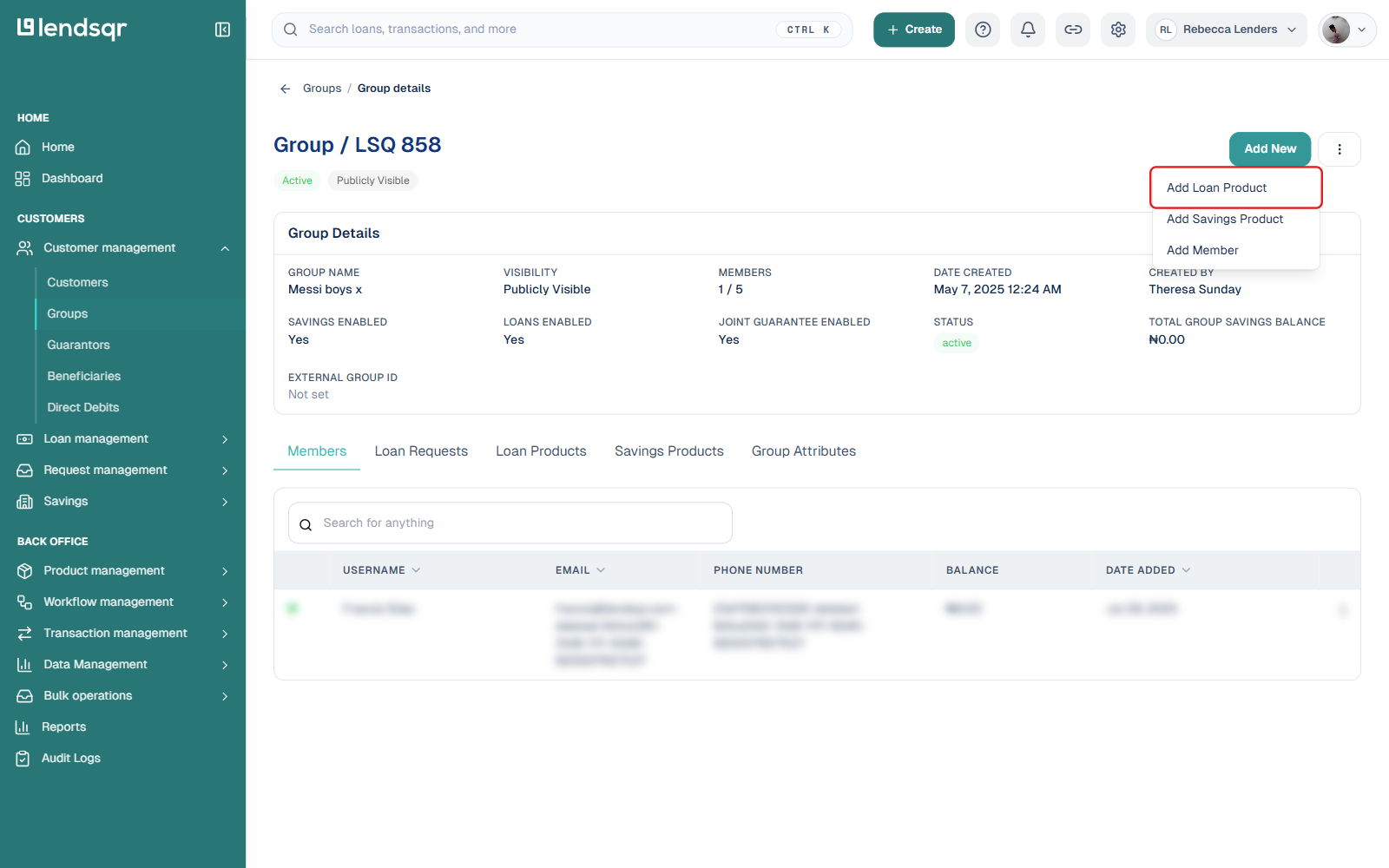 Group details page with the Add New menu boxed showing Add Loan Product