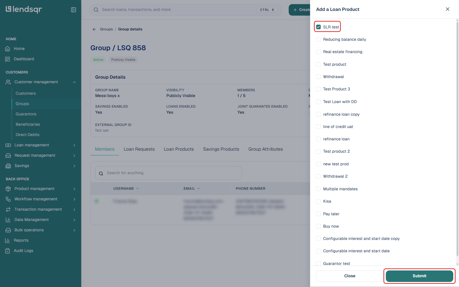 Add a Loan Product panel with a product checked and the Submit button boxed