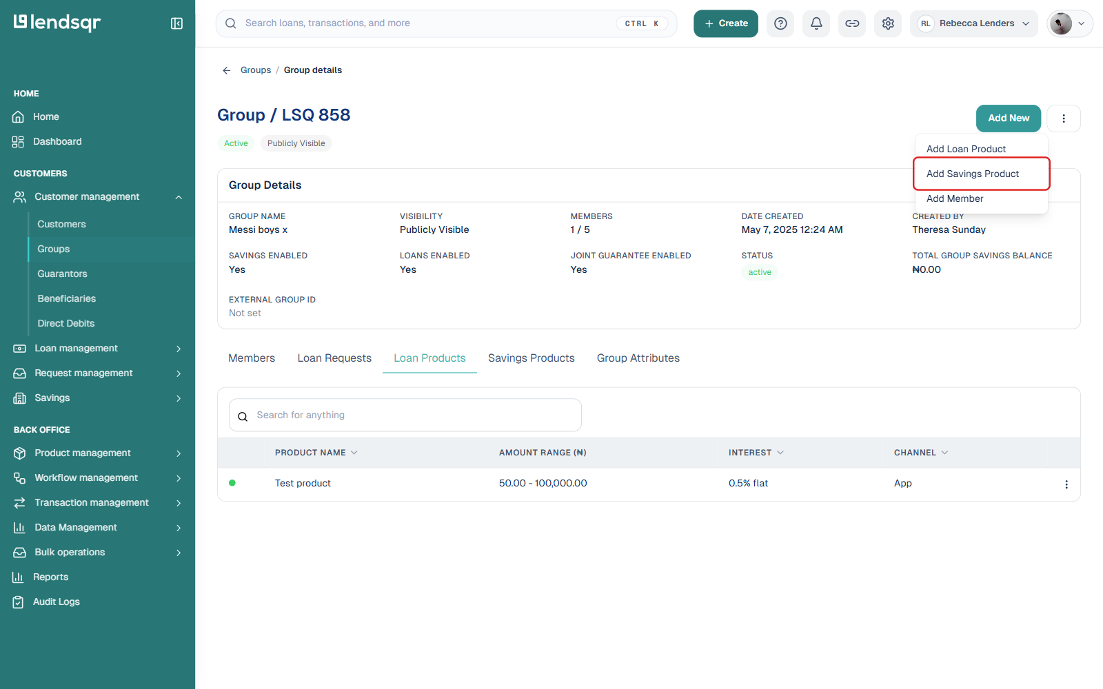 Group details page with the Add New menu boxed showing Add Savings Product