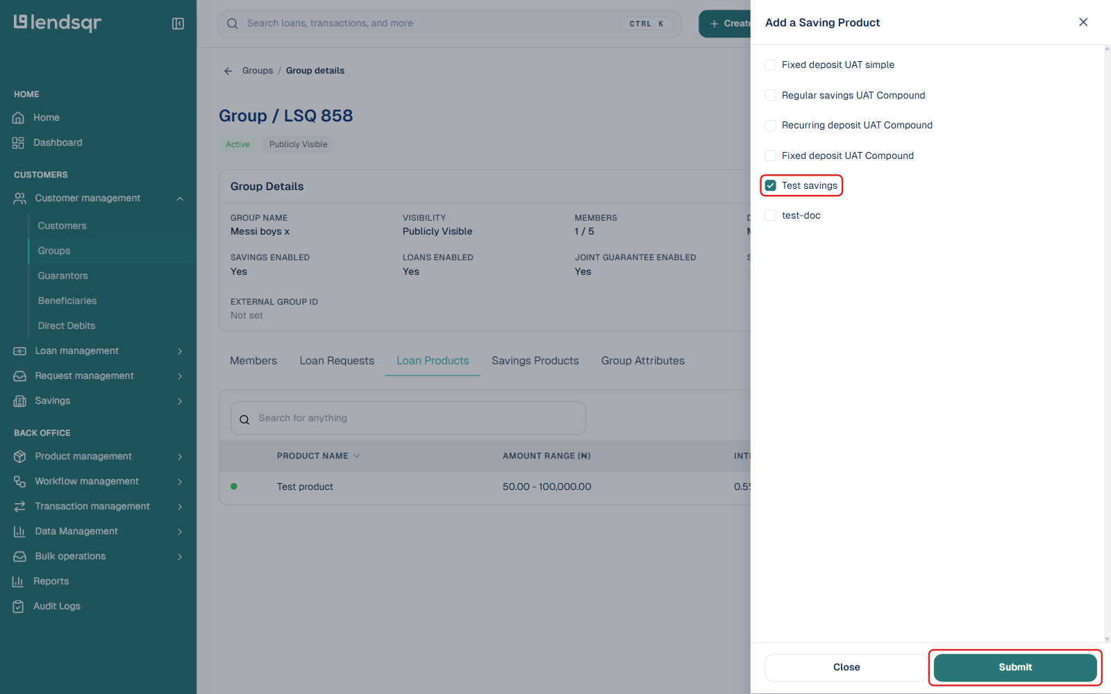 Add a Saving Product panel with a product checked and the Submit button boxed