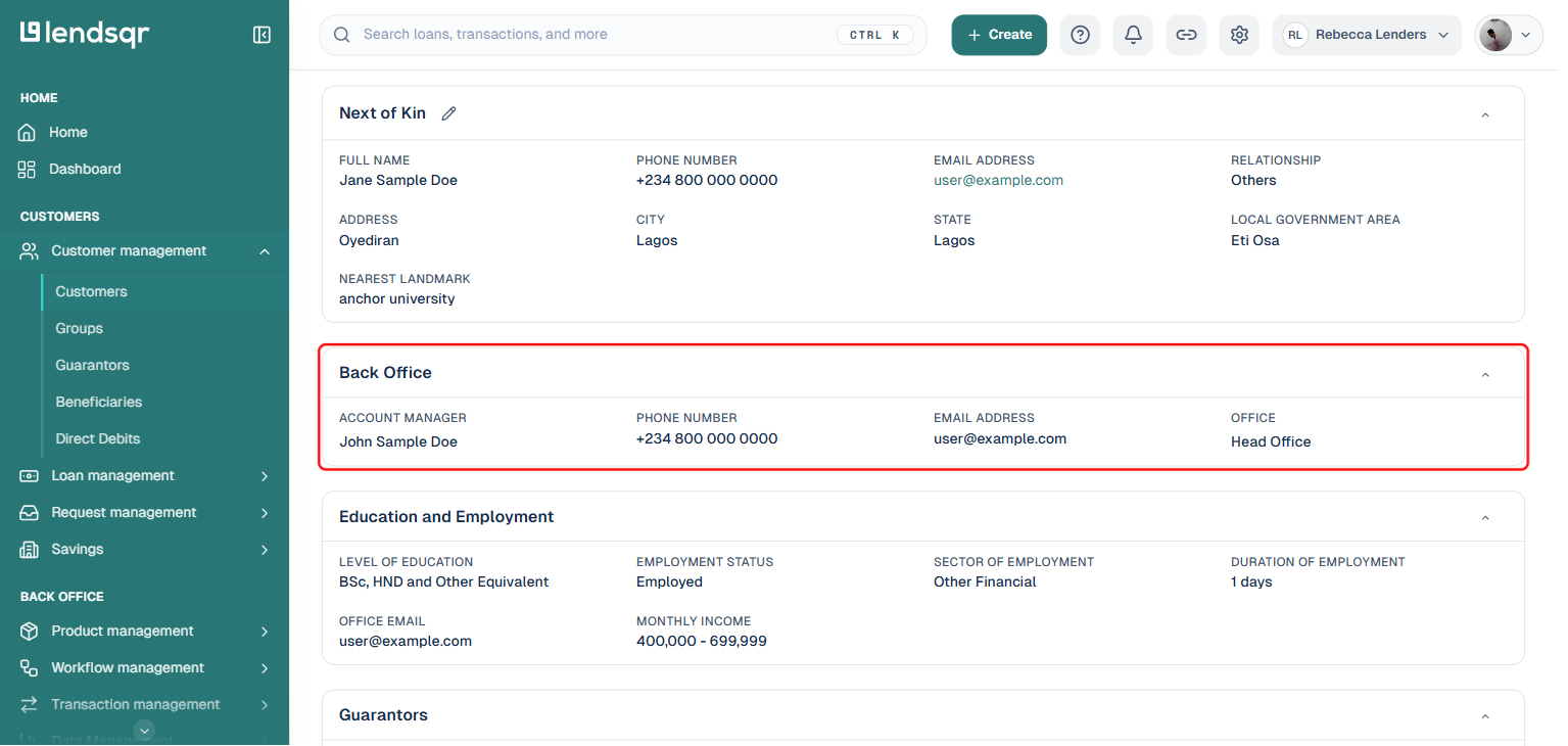 Lendsqr admin console customer profile page with the Back Office section boxed in red, showing the assigned account manager, phone, email, and office