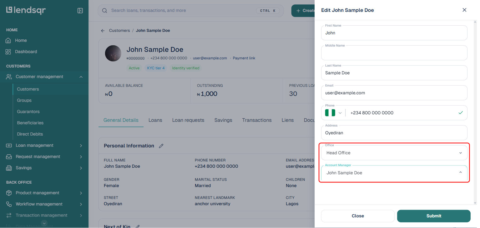 Lendsqr admin console Edit Customer panel with the Office and Account Manager fields boxed in red