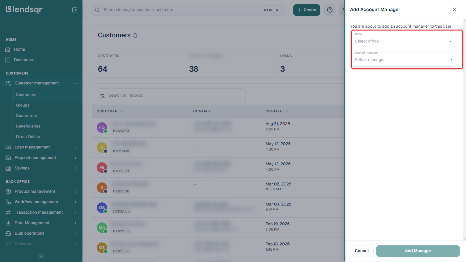 Lendsqr admin console Add Account Manager panel with the Office and Account manager fields boxed in red; personal details blurred