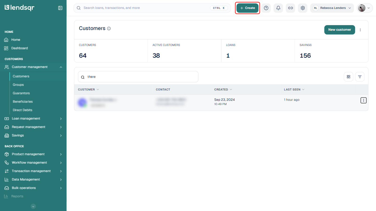 The + Create quick actions button in the top navigation bar boxed in red, customer table PII blurred in the background