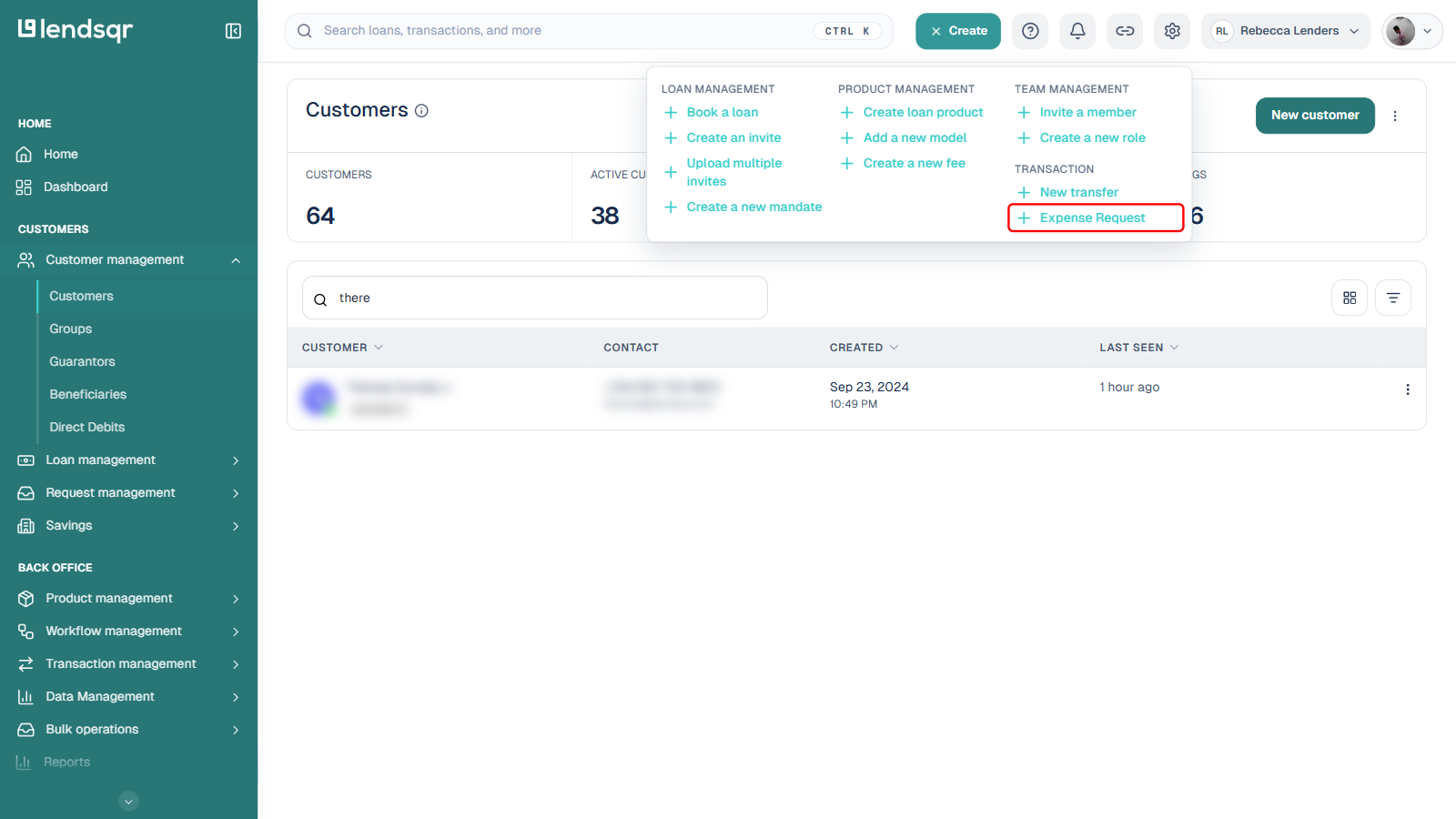 The Create quick actions menu open, showing Loan management, Product management, Team management, and Transaction sections, with the Expense Request option under Transaction boxed in red