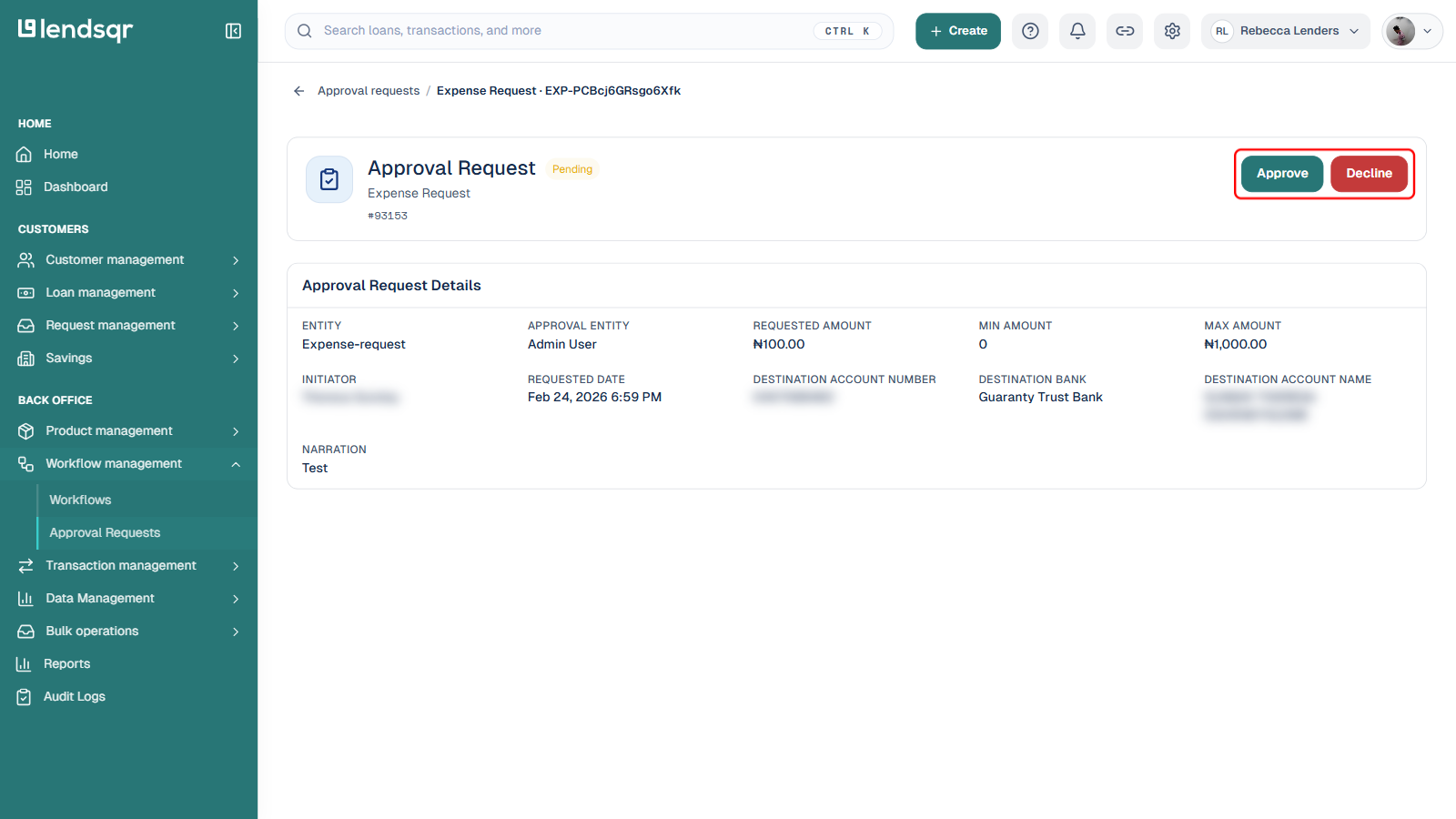 Approval Request detail page for a pending Expense Request showing Requested/Min/Max amount and Destination Bank, with the Approve and Decline buttons boxed in red, initiator and destination account details blurred