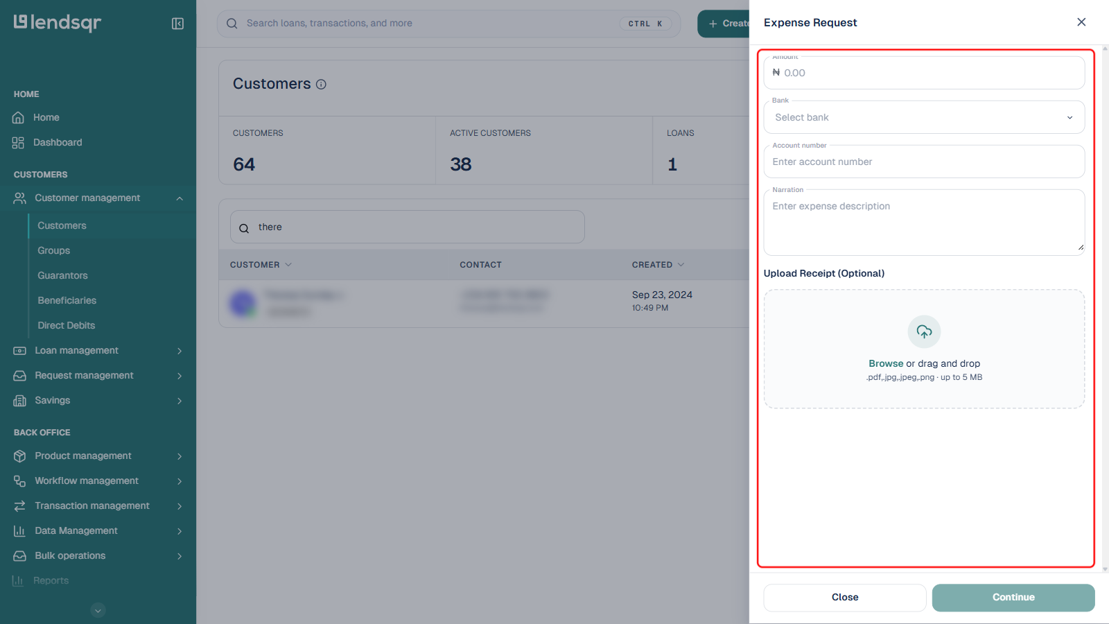 Expense Request quick action panel with the Amount, Bank, Account number, Narration fields and the optional receipt upload dropzone boxed in red, customer table PII blurred in the background