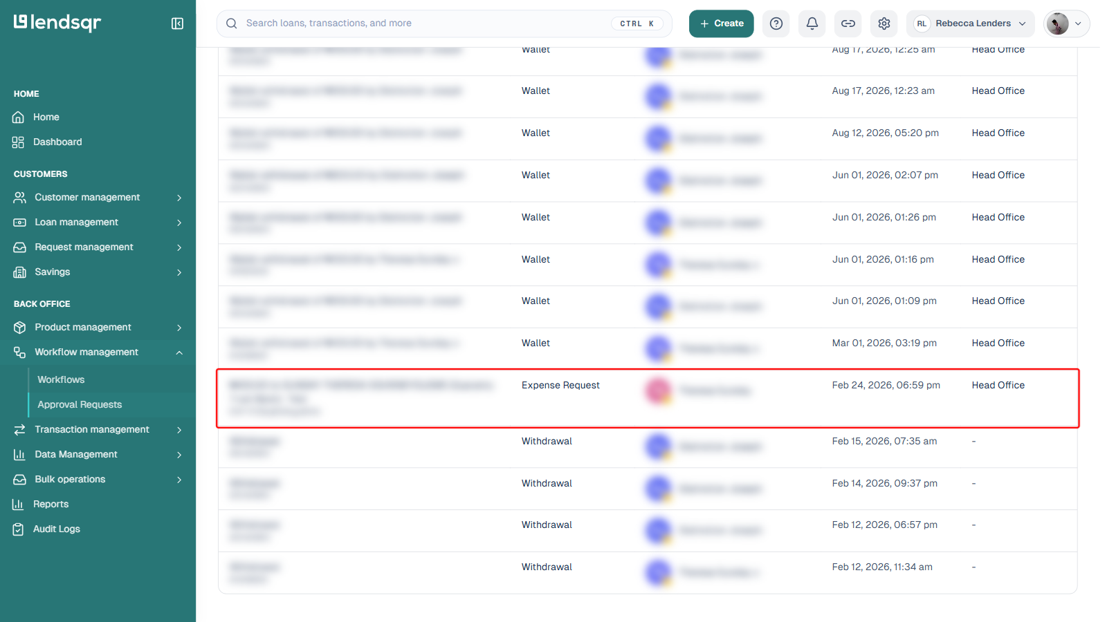 Approval requests list page showing Wallet, Withdrawal, and Expense Request items, with the Expense Request row boxed in red to distinguish it from other request types, Description and Initiator columns blurred