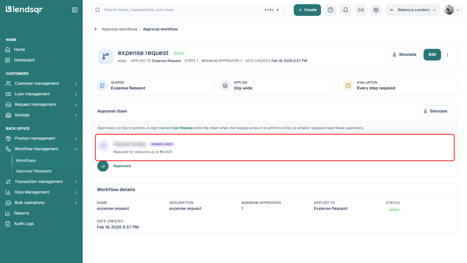 Approval workflow configuration page for the expense request workflow, with the approval chain step boxed in red showing it is required for amounts up to 1,000, approver name blurred