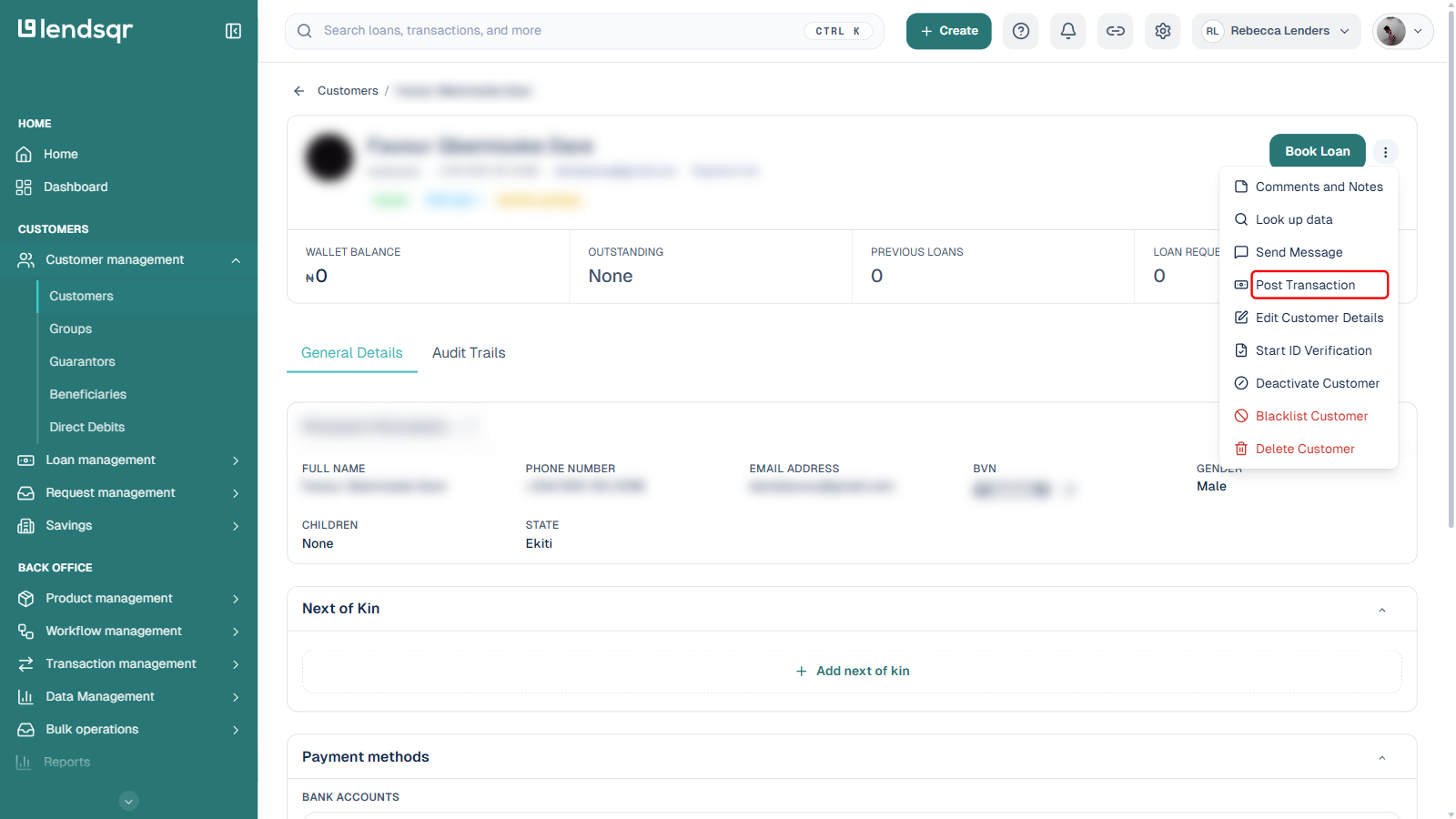 More actions menu on a customer profile with Post Transaction boxed in red, customer name, ID, phone, email, and personal information blurred