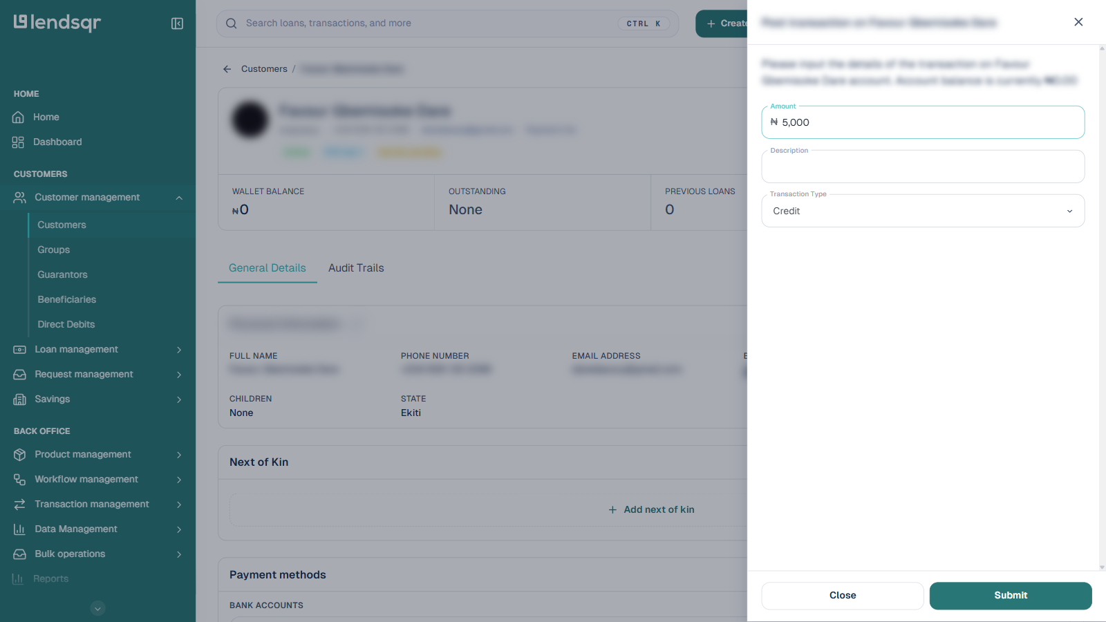Post transaction side panel showing Amount, Description, and Transaction Type fields with a Submit button, customer name blurred in the title and background