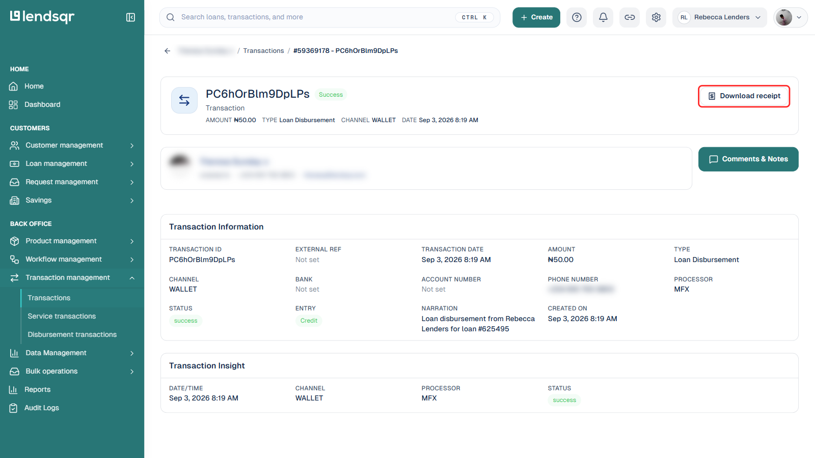 Transaction details page with the Download receipt button boxed in red, customer name, ID, and phone number blurred