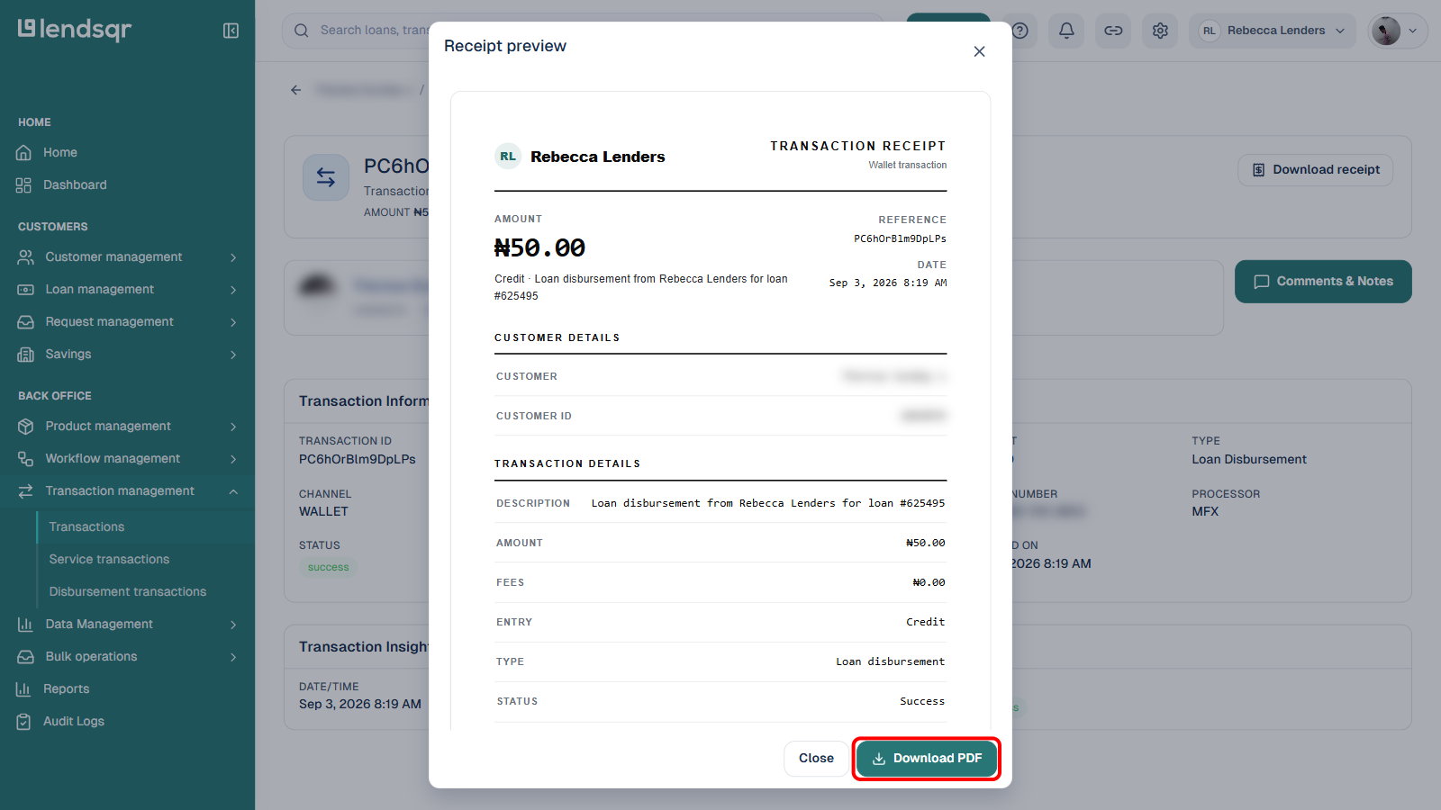 Receipt preview modal showing the transaction receipt layout with the Download PDF button boxed in red, customer name and ID blurred