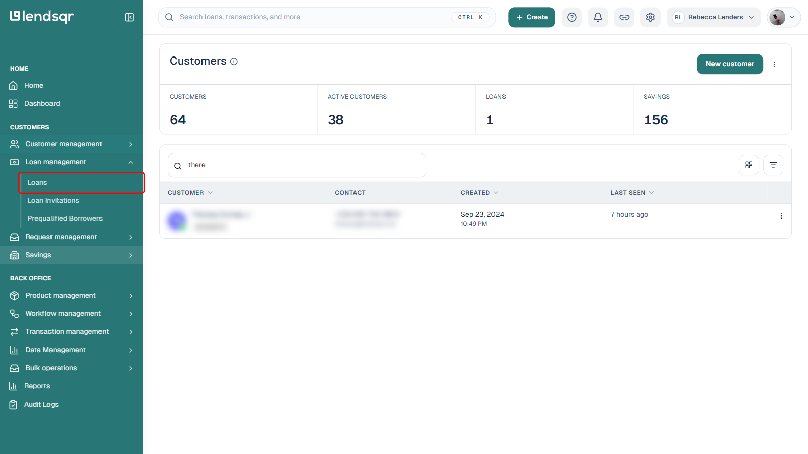 Loan management sidebar menu with Loans boxed in red, borrower PII blurred in the customer list behind it