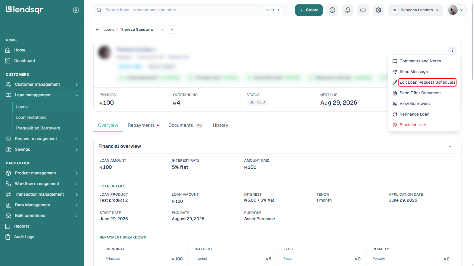 More actions menu on a loan's detail page with Edit Loan Request Schedules boxed in red, borrower name blurred
