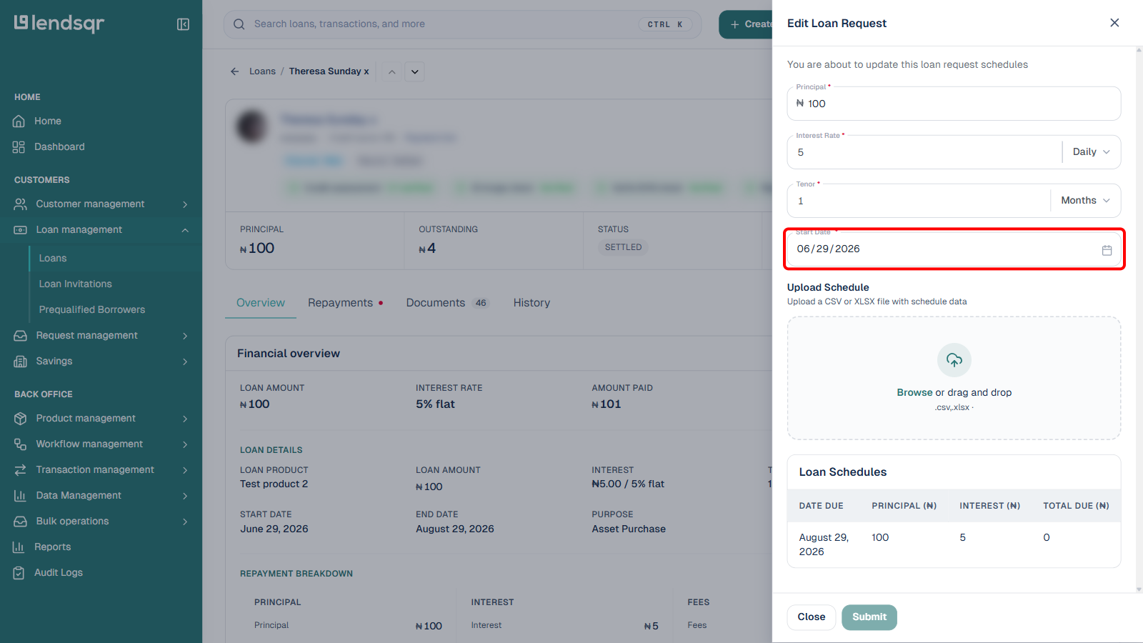 Start Date field in the Edit Loan Request panel boxed in red