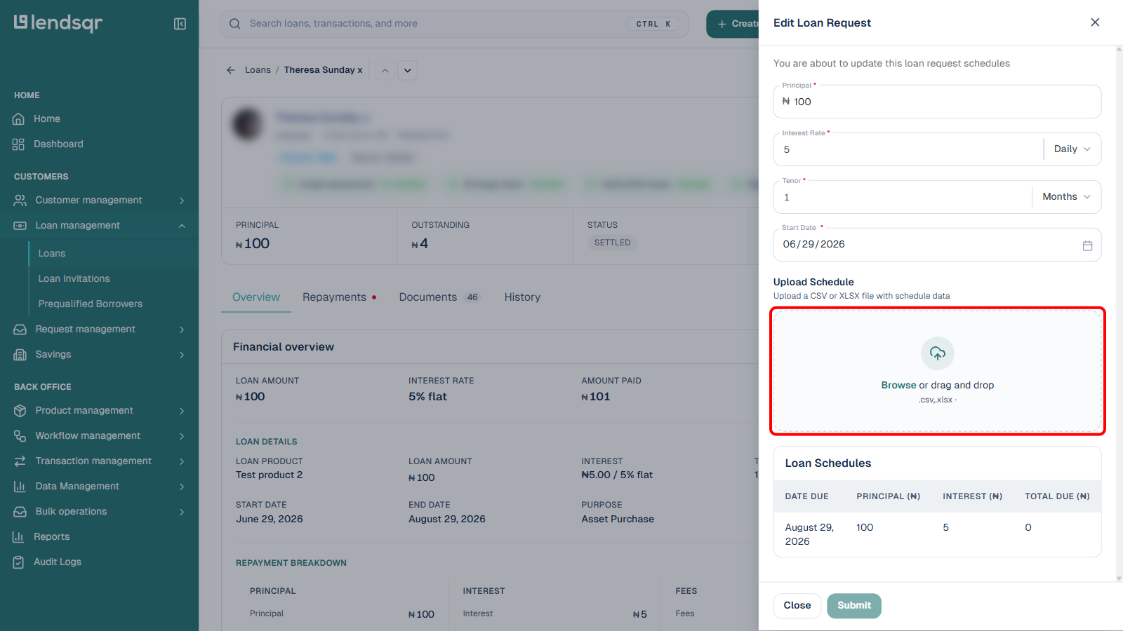 Upload Schedule dropzone in the Edit Loan Request panel boxed in red, showing the Browse or drag and drop prompt for a CSV or XLSX file