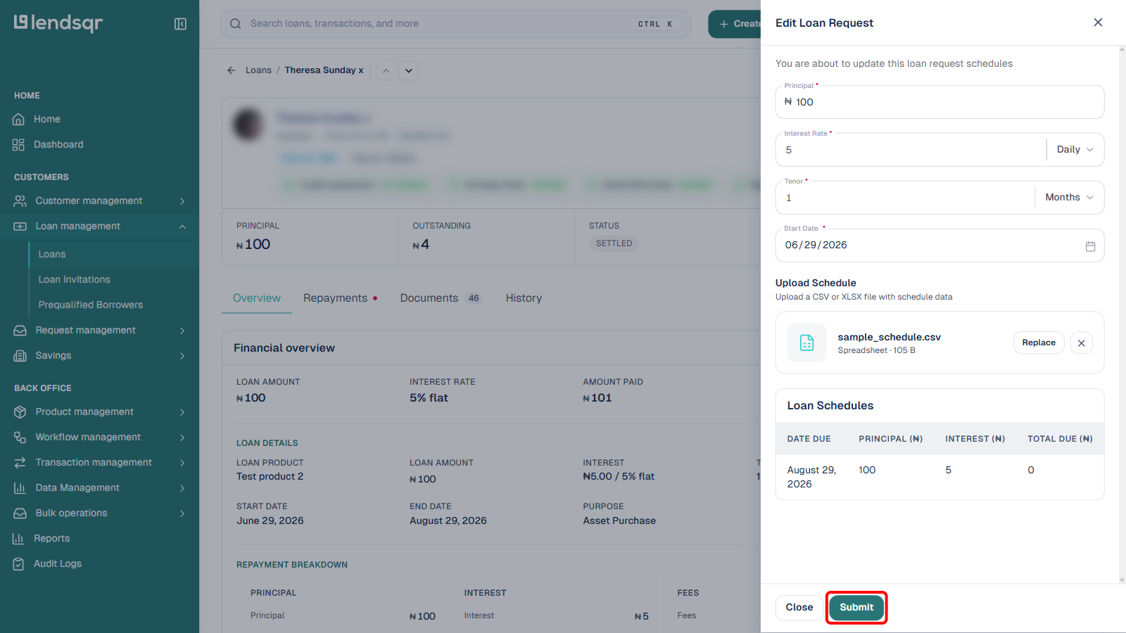 Submit button in the Edit Loan Request panel boxed in red, now enabled after a schedule file was selected