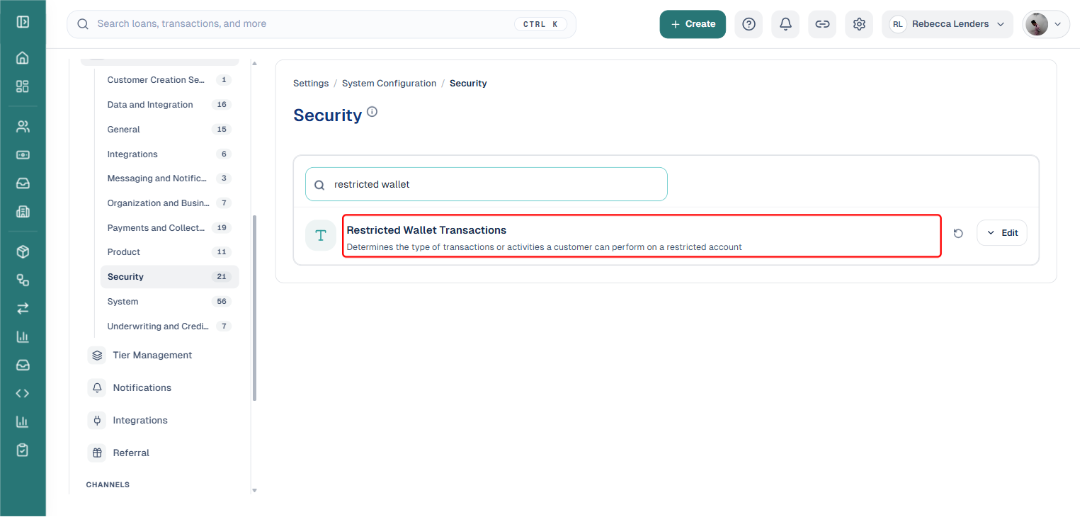 Security settings search filtered to restricted wallet, showing the Restricted Wallet Transactions setting boxed in red