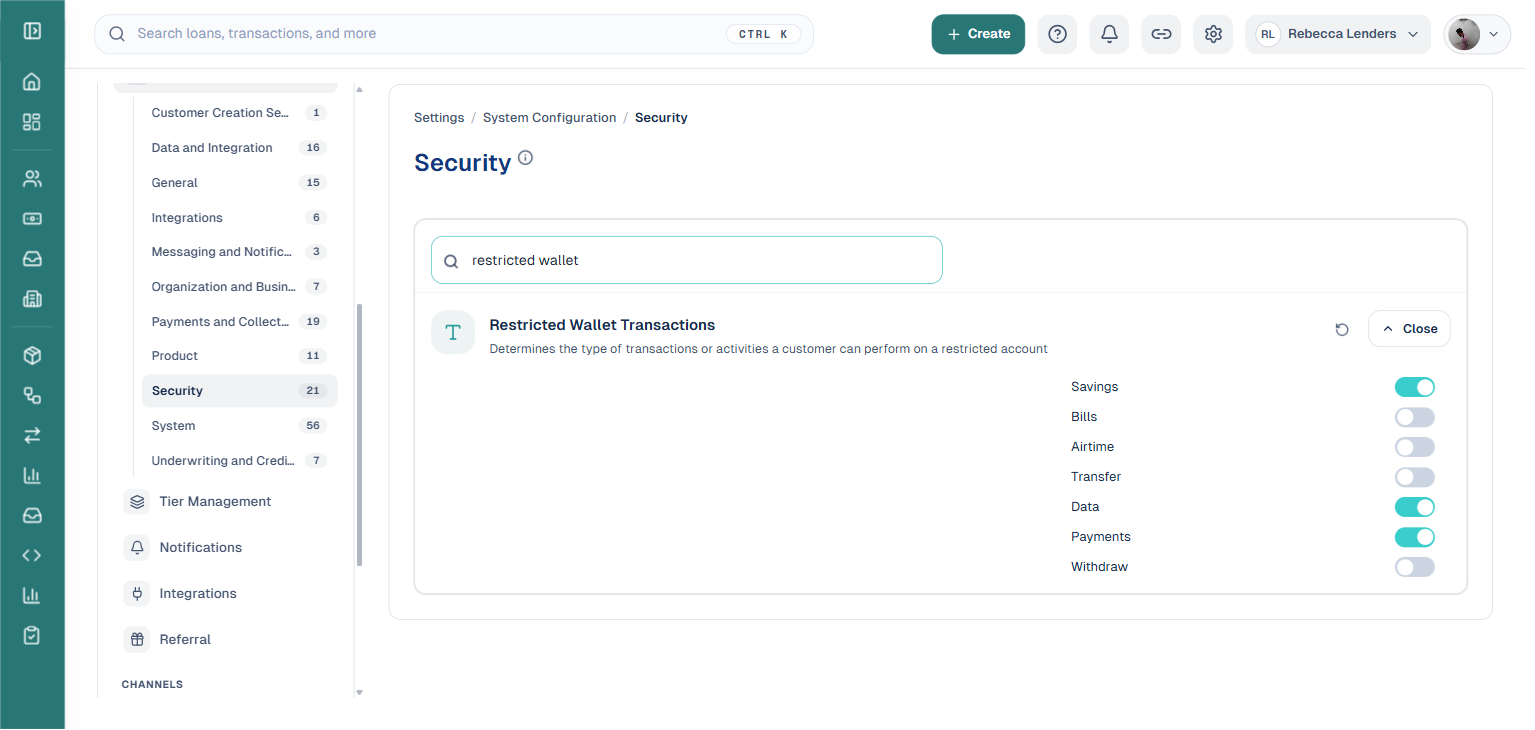 Restricted Wallet Transactions setting expanded, showing individual toggles for Savings, Bills, Airtime, Transfer, Data, Payments, and Withdraw