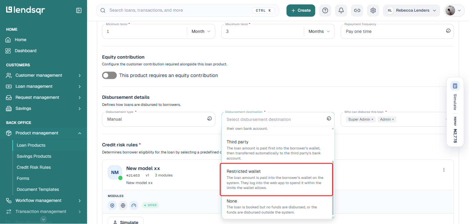Loan product edit screen, Disbursement destination dropdown open with the Restricted wallet option boxed in red