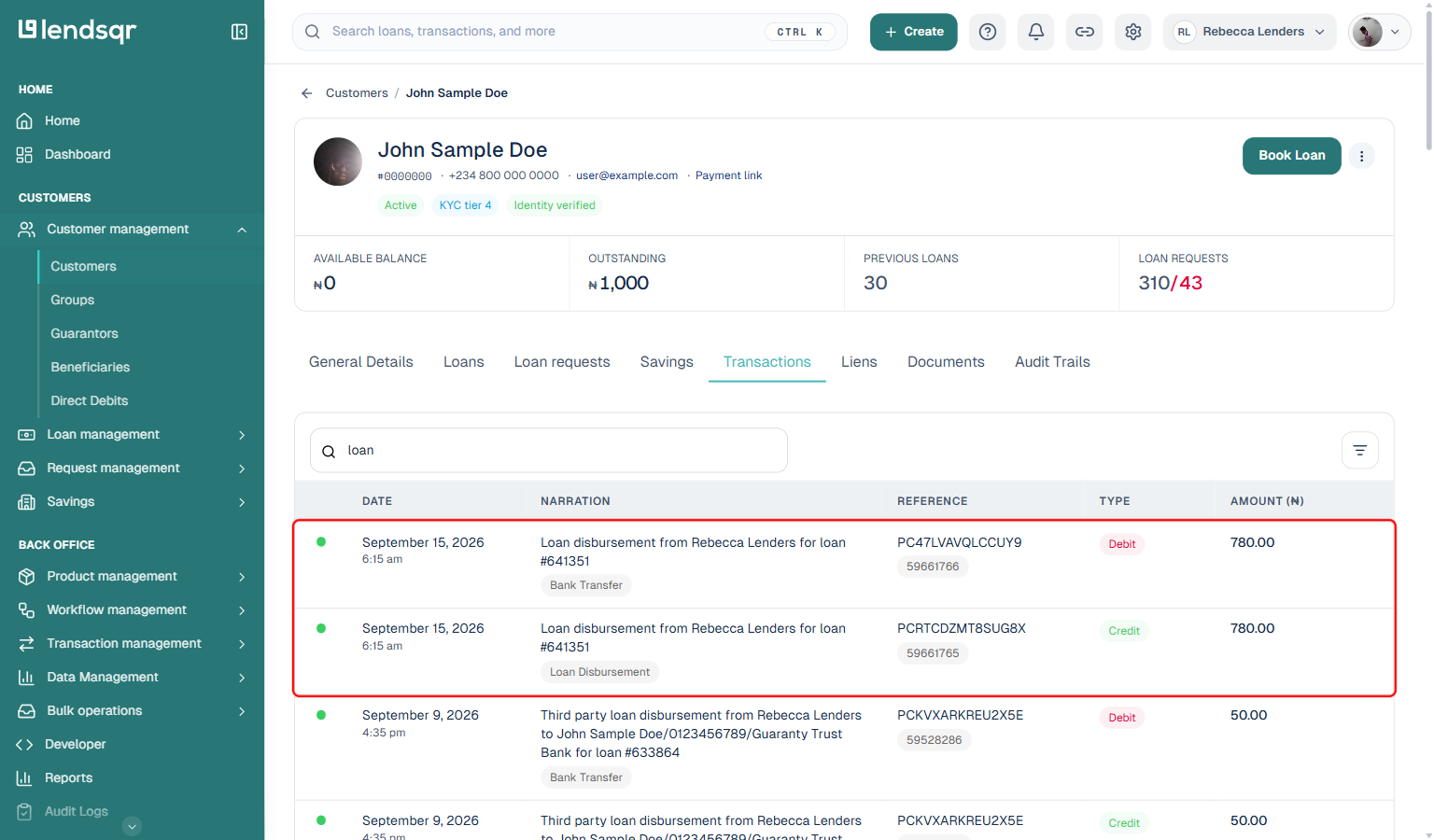 Customer transactions tab showing the two paired ledger entries for a bank-disbursed loan, a Credit entry crediting the wallet and a Debit Bank Transfer entry moving funds to the borrower bank account, boxed in red