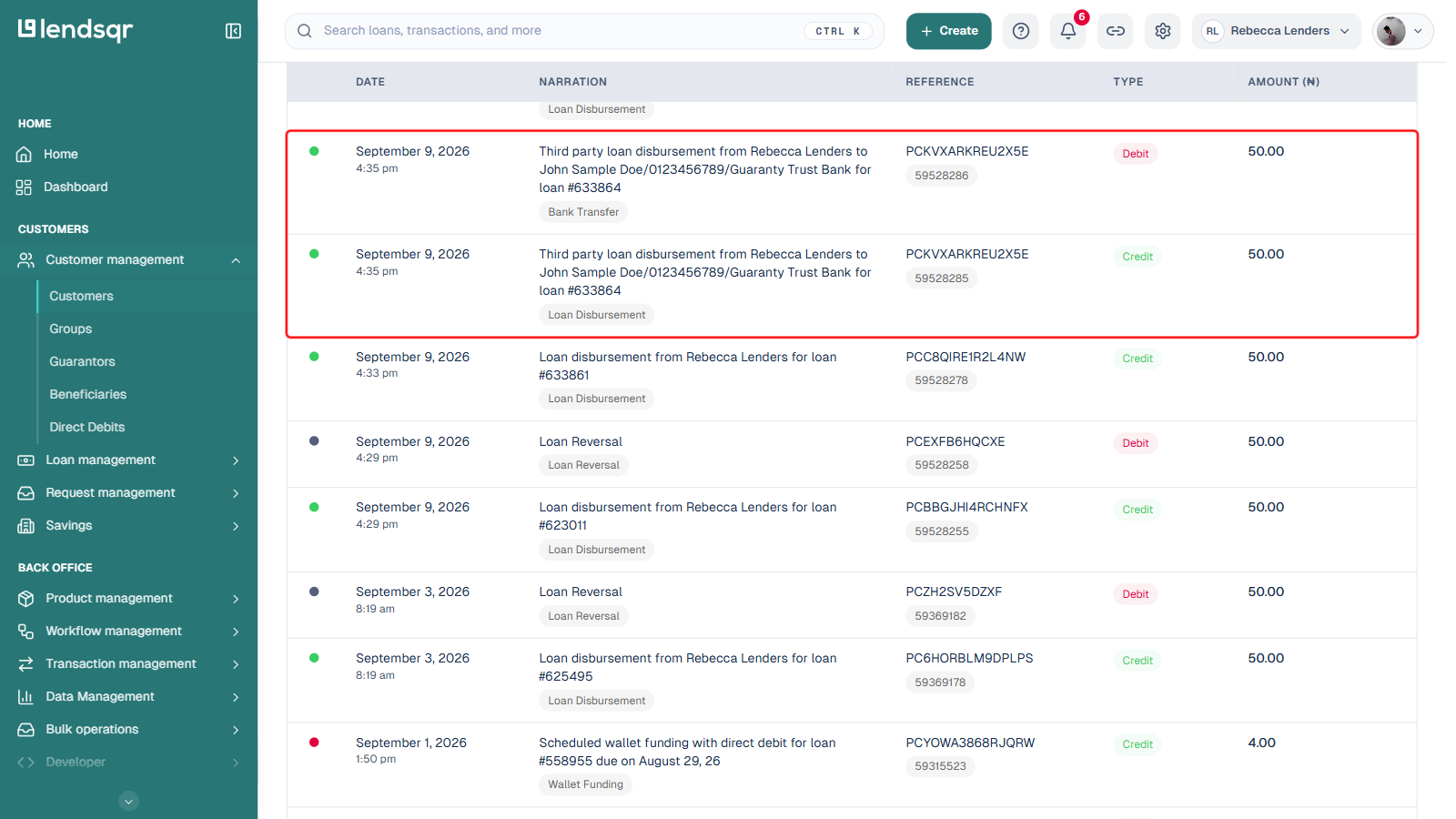 Customer transactions tab showing the two paired ledger entries for a third-party loan disbursement, naming the recipient and their bank account, boxed in red