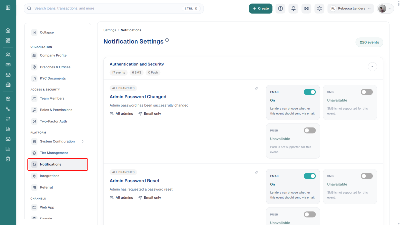 Settings sidebar with Notifications boxed in red under the Platform section, main navigation sidebar collapsed for a wider view, and the Notification Settings page showing events grouped by category with Email, SMS, and Push toggles per event
