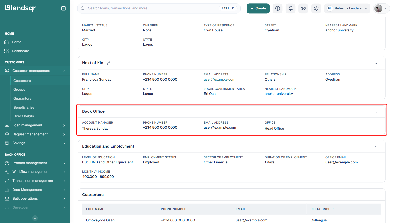 Lendsqr admin console customer profile page with the Back Office section boxed in red, showing the assigned account manager, phone, email, and office
