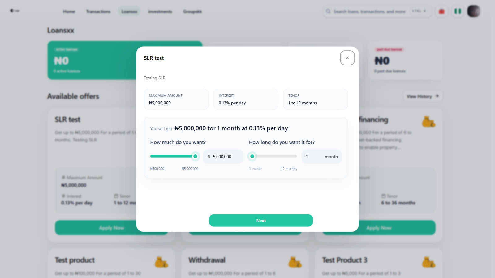 Loan application modal on the Rebecca Lenders web app, showing the amount and tenor sliders