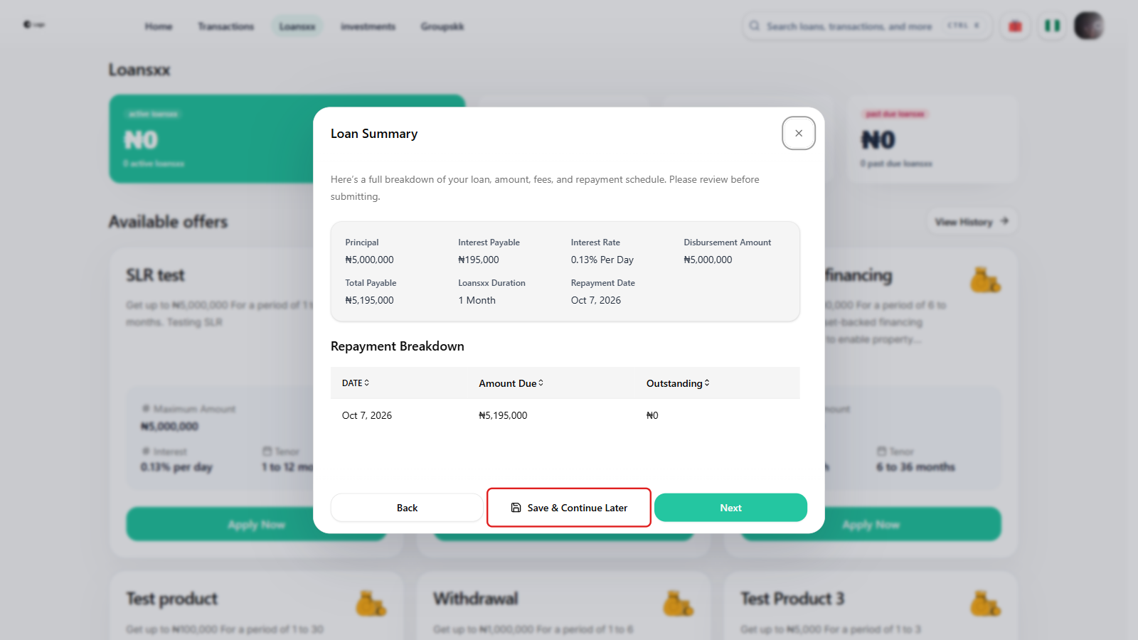 Save and Continue Later button boxed in red on the Loan Summary step of the loan application modal