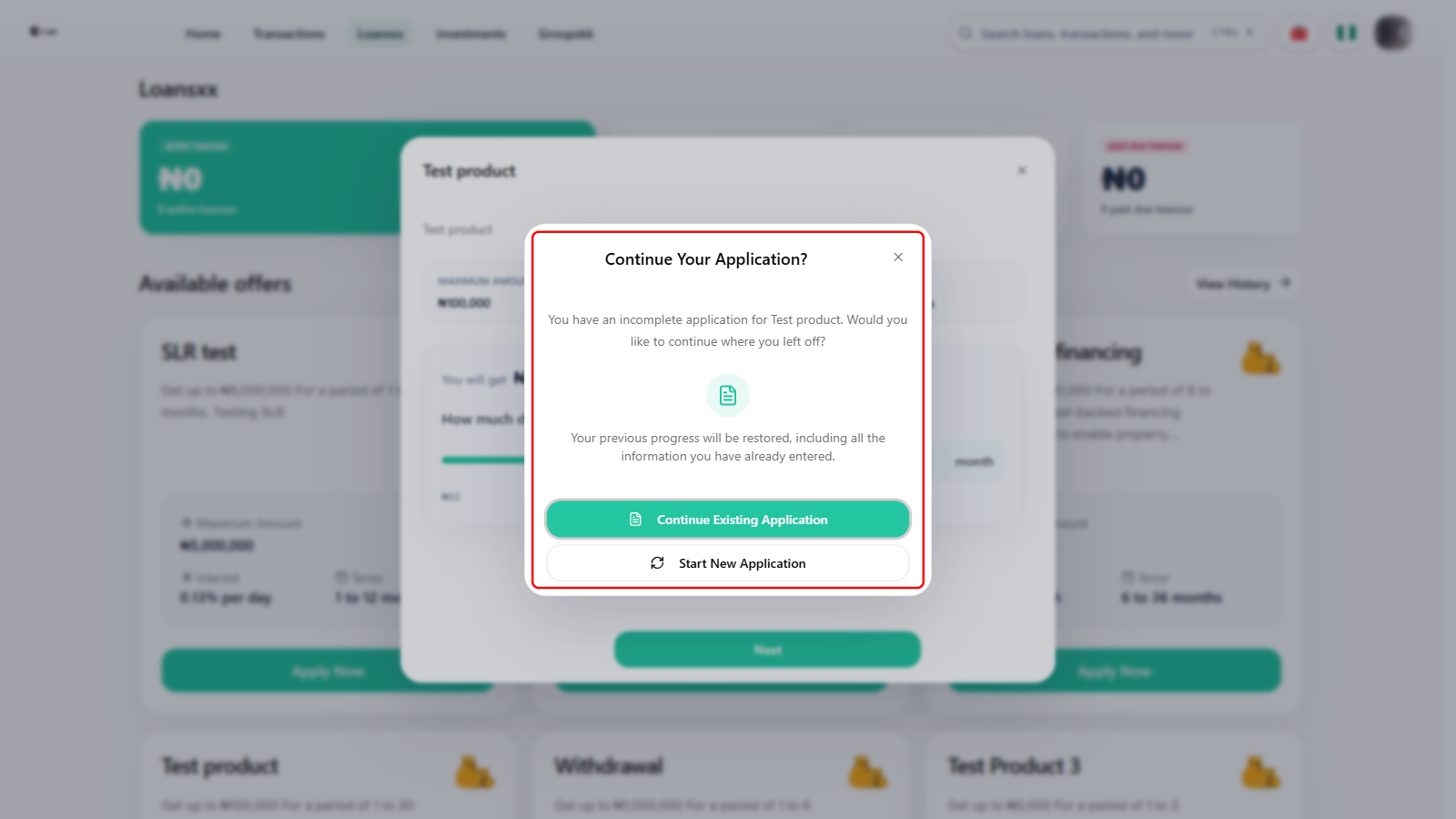 Continue Your Application dialog boxed in red, showing Continue Existing Application and Start New Application buttons
