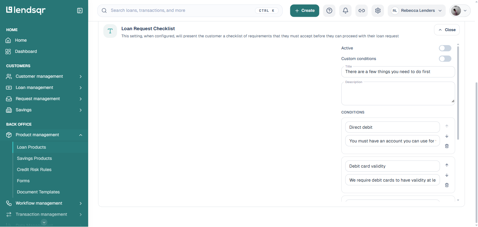 Lendsqr Loan Request Checklist edit panel showing the Conditions list with label and description fields, reorder and delete controls