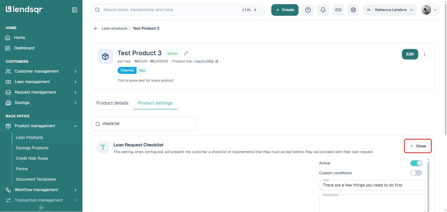 Lendsqr Product settings search showing the Loan Request Checklist row with the Edit button boxed