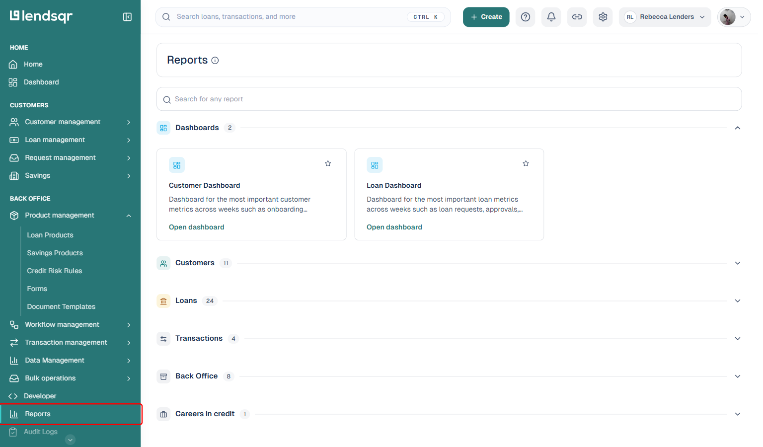 Reports page: box on the Reports item in the sidebar left navigation menu
