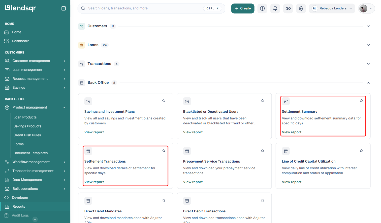 Reports page with the Back Office category expanded, boxed in red: Settlement Summary and Settlement Transactions report cards