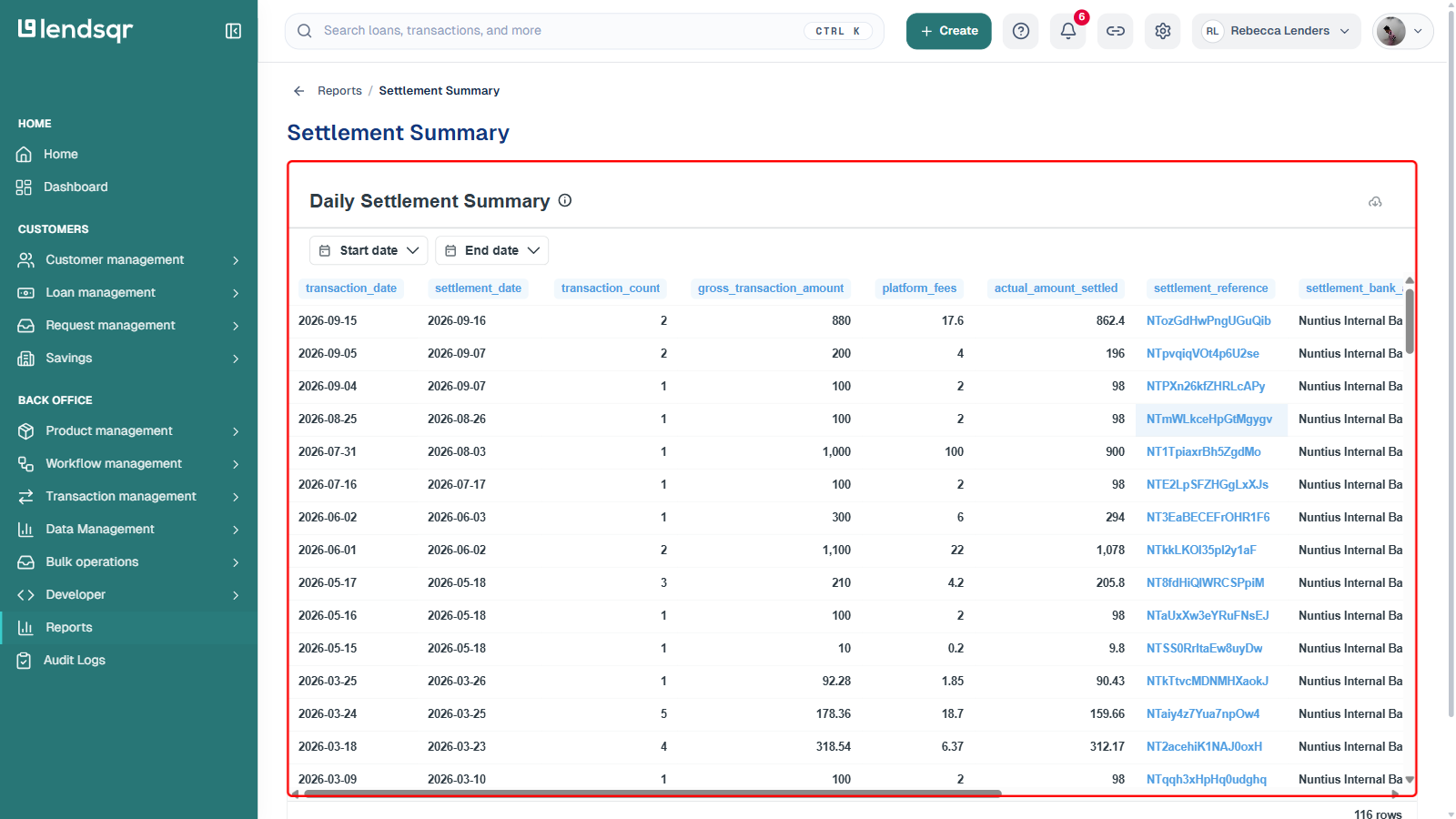 Settlement Summary report