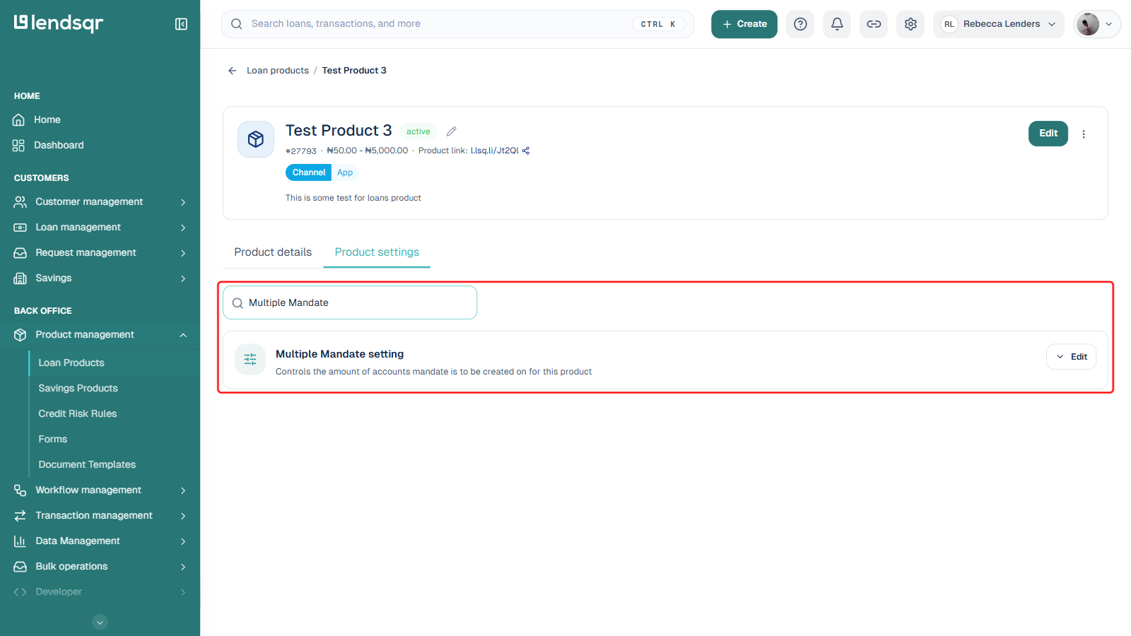 Product settings search filtered to Multiple Mandate setting, boxed in red